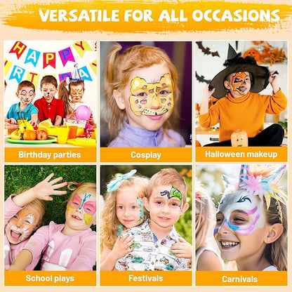 100 Colors Face Painting Kit, Non-Toxic Water Activated Face Paint Palette, Facepaint Makeup Kit with Brushes, Stencils, Gems, for Festivals, Halloween, Carnival, Birthday Parties