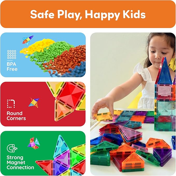 PicassoTiles 80 PCs Magnetic Tiles Travel Size Mini Version Building Block Construction Set for Kids Great Gift Ages 3+ Boys & Girls Preschool Kindergarten Montessori Playing Toys Stacking Fun PTM80