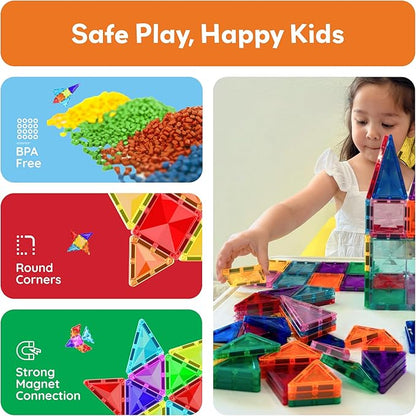 PicassoTiles 80 PCs Magnetic Tiles Travel Size Mini Version Building Block Construction Set for Kids Great Gift Ages 3+ Boys & Girls Preschool Kindergarten Montessori Playing Toys Stacking Fun PTM80