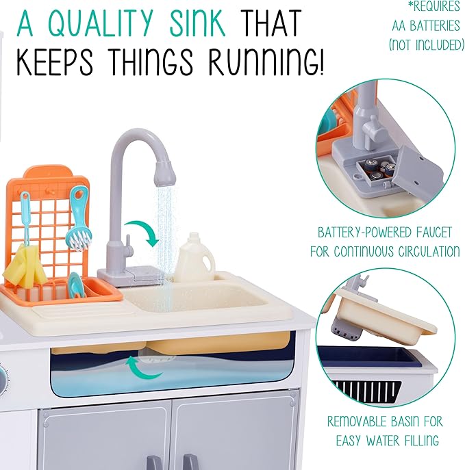 Lil’ Jumbl Kids Wooden Kitchen Set, Pretend Working Sink with Real Running Water, Includes Range Hood, Microwave & Stove Top That Make Realistic Sound & Light, Full Accessory Set Included