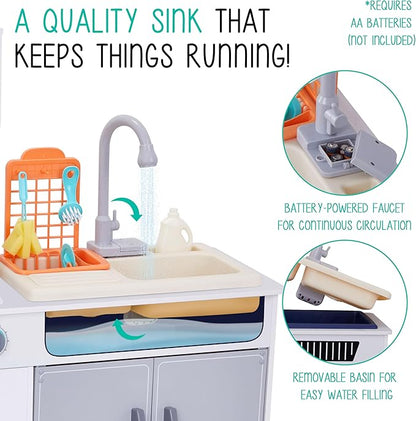 Lil’ Jumbl Kids Wooden Kitchen Set, Pretend Working Sink with Real Running Water, Includes Range Hood, Microwave & Stove Top That Make Realistic Sound & Light, Full Accessory Set Included