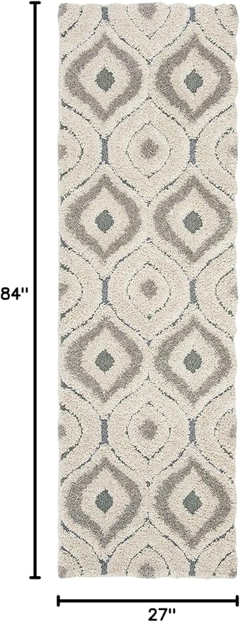 SAFAVIEH Florida Shag Collection 2'3" x 7' Cream / Light Blue SG461 Modern Ogee Non-Shedding Living Room Bedroom Dining Room Entryway Plush 1.2-inch Thick Runner Rug
