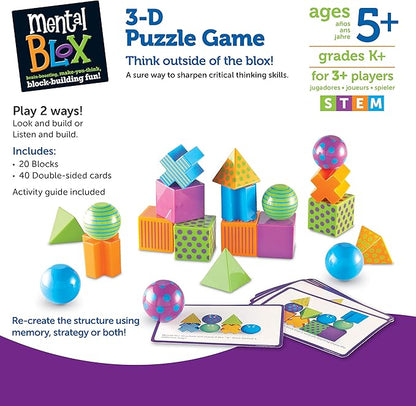 Learning Resources Mental Blox Critical Thinking Game, Homeschool, 20 Blocks, 40 Activity Cards, Ages 5+,Multicolor