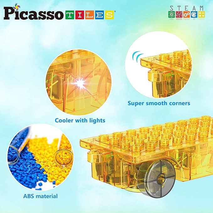 PicassoTiles Magnet Tile Motorized Car Base Self Turning Omnidirectional Truck with Light And Motor Playset Magnetic Tiles Construction Building Blocks Compatible STEM Learning Preschool Ages 3+ PTU05