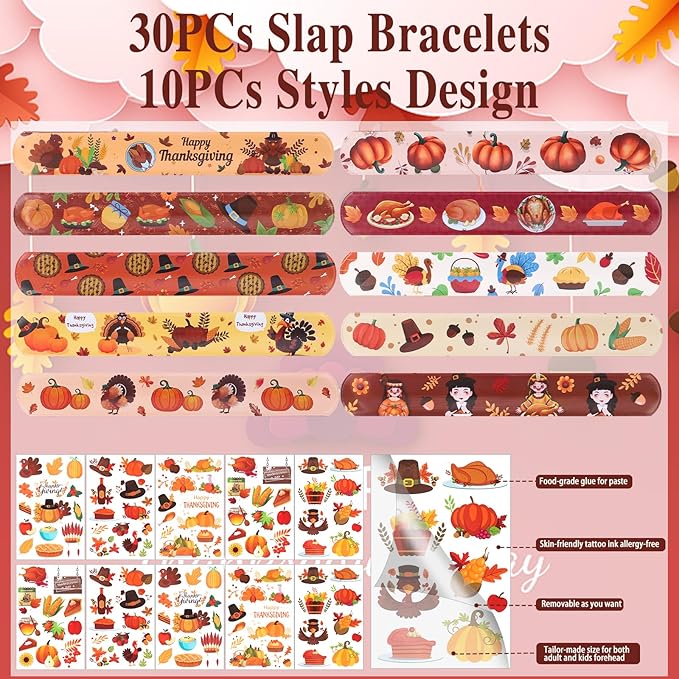 40PCs Thanksgiving Slap Bracelets for Kids with Thanksgiving Tattoo, Turkey Pumpkin Autumn Maple Leaf Snap Band for Fall Party Favors Decor