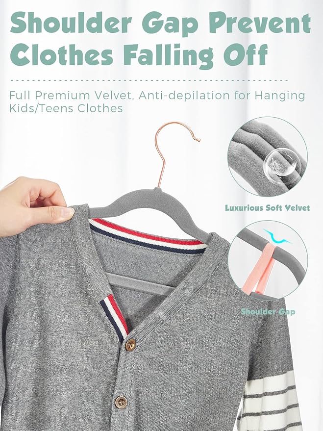 Smartor Kids Velvet Hangers 50 Pack, 14'' Inch Premium Non Slip Kids Felt Hangers for Closet, Space Saving Toddler Clothes Hanger for Youth's Childrens' Clothes (Rose Gold Hook)- Grey