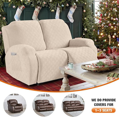 VANSOFY Recliner Cover, 2-Pieces Stretch Reclining Couch Cover with Pockets Loveseat Sofa Slipcovers Soft Washable Furniture Protector for Dogs Cats(Cream)