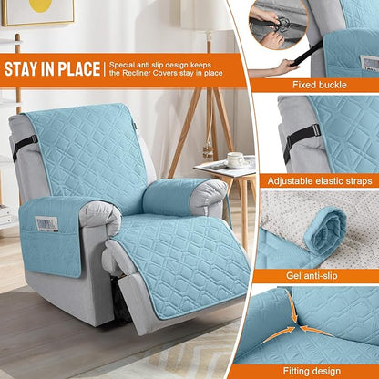 VANSOFY 100% Waterproof Recliner Chair Covers, Recliner Cover Non-Slip Dog Chair Cover Furniture Protector Washable Slipcover with Pocket, Elastic Straps for Pets, Dogs(Azuree, 30")