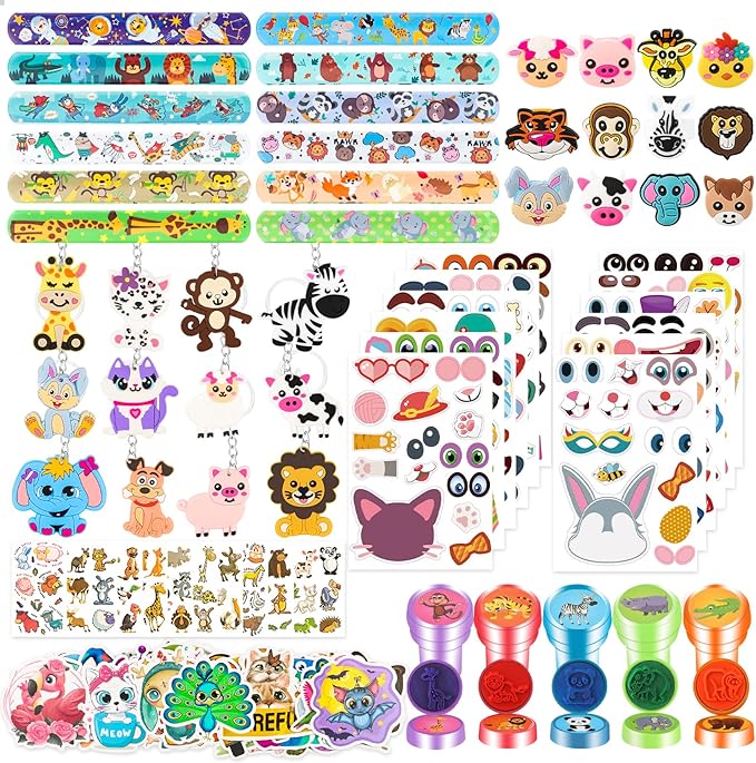 120Pcs Jungle Safari Party Favors Including Puzzle Stickers, Slap Bracelets, Animal Keychains, Temporary Tattoos, Animal Rings, Animal Stickers Safari Themed Birthday Party Supplies
