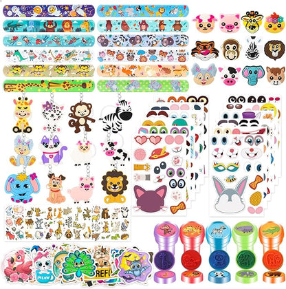 120Pcs Jungle Safari Party Favors Including Puzzle Stickers, Slap Bracelets, Animal Keychains, Temporary Tattoos, Animal Rings, Animal Stickers Safari Themed Birthday Party Supplies