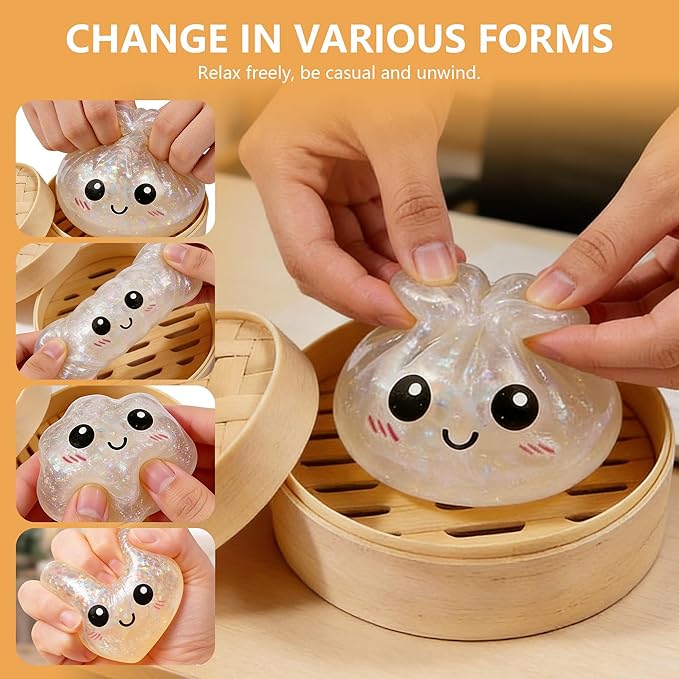 Dumpling Squishies, Glitter Dumpling Mystery Box, Colorful Dumplings Stress Balls Toy, Stocking Stuffers with Food Steamer Stretchy Desk Toys (Golden)