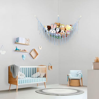 Boho Stuffed Animals Net or Hammock Large,55 inch Toy Hammock Macrame Stuff Animal Storage Corner Hanging Net Holder,Mesh Hammock Plush Toy Organizer with Hooks for Bedroom,Nursery (Baby Blue)