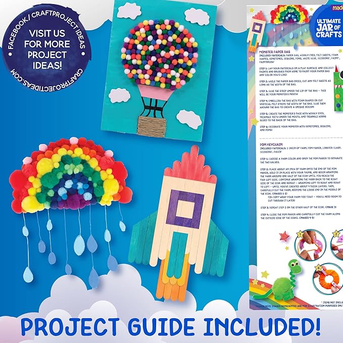 Made By Me! Ultimate Jar of Crafts, 200+ Piece Rainbow Craft Supply Bundle, Craft Supplies Starter Kit, Great Arts & Crafts Kit for Travel and On-The-Go, Perfect for Kids and Adults Ages 6+