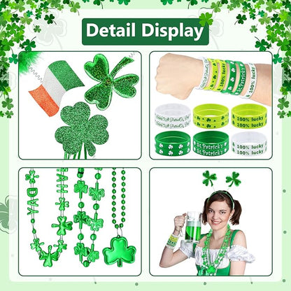 24 Pcs St. Patrick's Day Party Favor Set with 6 Pcs Shamrock Headbands, 12 Pcs Lucky Silicone Bracelets, and 6 Pcs Clover Necklaces Accessories for St. Paddy's Irish Decorations and Celebrations