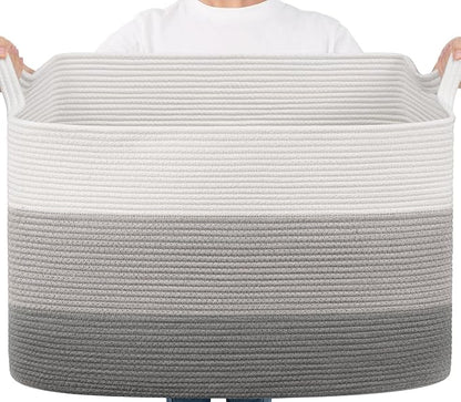Goodpick 105L Extra Large Blanket Basket 25" x 16" x 16" Cotton Rope Storage Bins for Dirty Clothes Pillows, Decorative Woven Basket with Handles, Toy Baskets Storage Kids, Gray