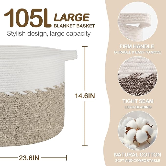 OIAHOMY 105L Blanket Basket for Living Room, Large Basket 23.6" x 23.6" x 14.6" with Handle, Laundry Hamper for Blankets, Pillows, Toy Storage for Kids, Dogs - Light Brown & White