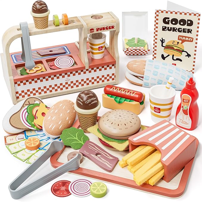 Lehoo Castle Wooden Play Food Sets, Play Hamburger Counter Shop, Toy Food for Toddlers, Play Food Sets for Kids Kitchen, Fake Food Pretend Play for Toddlers 3-5