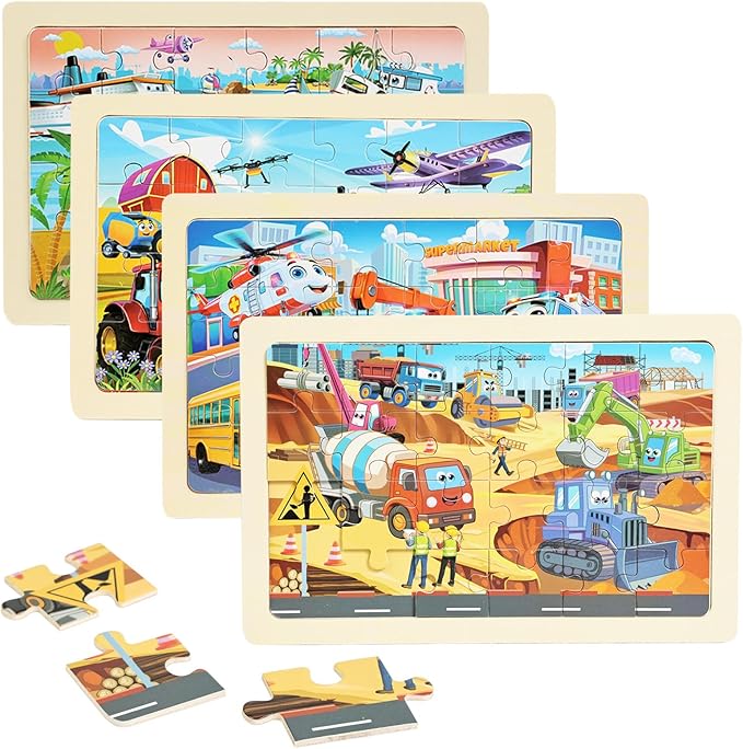 Wooden Puzzles for Kids Ages 4-6, 24 Piece Vehicle Car Construction Jigsaw Puzzles 4 Packs, Preschool Toddlers Learning Activity Puzzles Toys for Boys Girls 3 4 5 6 Years Old (Mixed Style)
