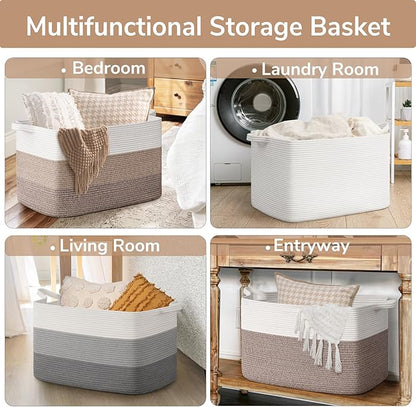Goodpick 85L Large Woven Blanket Basket 23.6" x 15.7" x 13.8" Cotton Rope Storage Baskets for Organizing, Soft Dirty Clothes Basket for Bedroom Bathroom, Toy Baskets Storage Kids, White