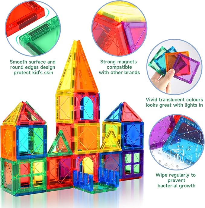 Magnetic Tiles for Kids Ages 3-5 4-8 Magnet Toys for 3 4 5 6 7 8+ Year Old Boys Girls Toddlers Magnetic Building Blocks Preschool Educational STEM Learning Construction Christmas Birthday Gifts