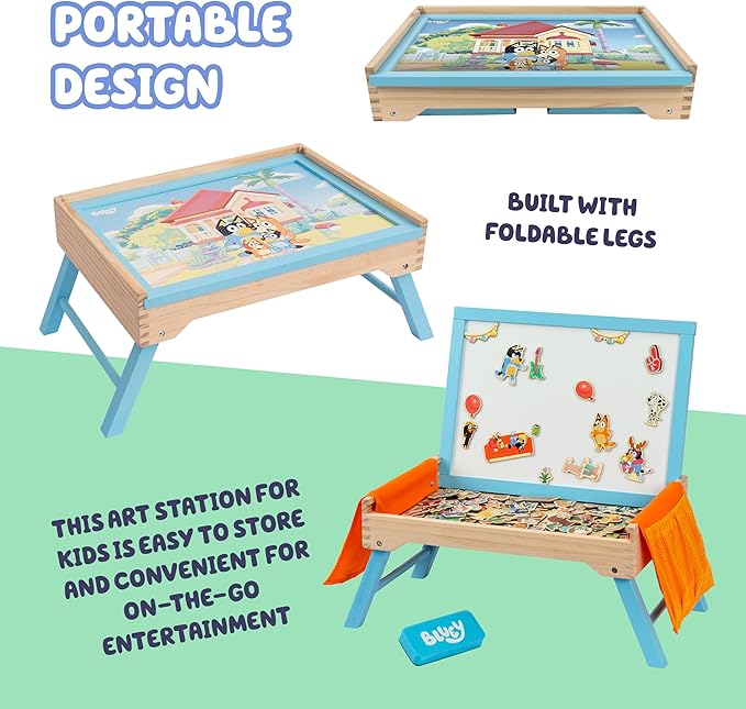 Bluey Art Creation Kids Art Station with 100 Magnets & Whiteboard Lid, Foldable Legs, Art Table for Kids, Storage Pockets