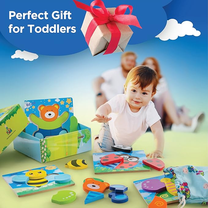 Wooden Puzzles for Toddlers 1-3 Girls & Boys, Sensory Toys, Educational Learning Toys: 4 Puzzles Ages 1-3, Gift Box, Storage Bag, Matching Coloring Book, Animals Puzzle for Toddlers Set of 4
