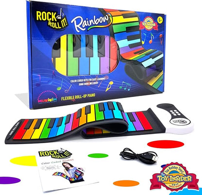 MUKIKIM Rock and Roll It - The Original Rainbow Piano. Roll Up Flexible Piano Keyboard for Kids / Beginners. Portable 49 Keys Silicone Pad. Play-by-Color Songbook Included!