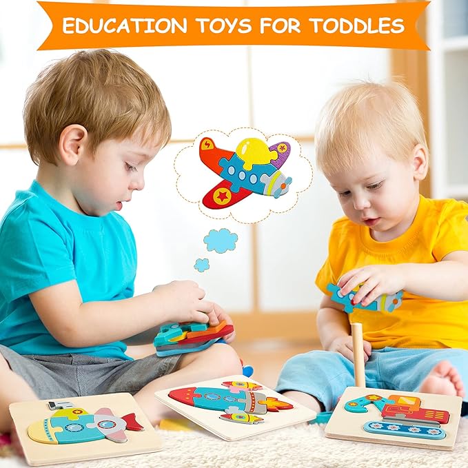 6 Pack Wooden Puzzles for Toddler 1-3 Years Old Wood Jigsaw Puzzles for Boys Montessori Games and Educational Toys for Kids Wooden Toddler Puzzles Present (Vehicle)