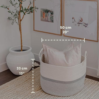 OrganiHaus Large Woven Storage Basket for Blankets and Toys 20" x 13" Inch, Rope Laundry Basket with Handles, Cushions & Pillows Storage Bin, Nursery Hamper, Soft Round Dog Toy Bin - Gray Stripe