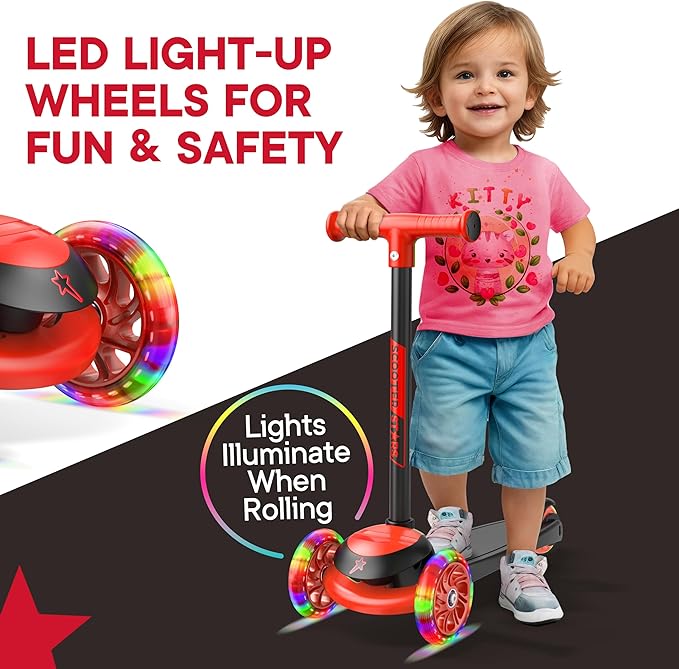 3 Wheel Scooter for Kids, Smooth Light Up LED Front Wheels, Wide Anti Slip Deck, Rear Foot Brake, Easy Lean to Steer Maneuvering, Indoor & Outdoor Ride On Toys for Ages 2 Up,