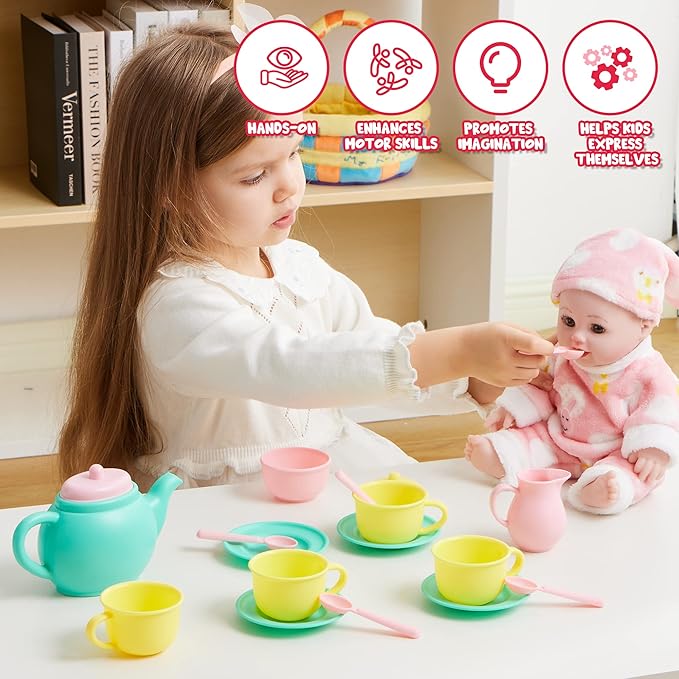 JOYIN 18PCS Pretend Play Tea Party Set Play Food Accessories BPA Free, Phthalates Free, Plastic Tea Set, Mini Kitchen for Kids, Gifts for Toddler Boys Girls Ages 3 4 5 6 Years Old