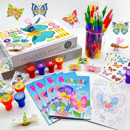 72 Pcs Butterfly Coloring Book Party Favors,Spring Butterfly Insects Party Goodie Bags Fillers,Butterfly Birthday Party Games Craft DIY Kit Face Stickers Tattoo for Circus Fairy Pinatas (Butterfly)