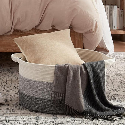 OIAHOMY 90L Blanket Basket for Living Room, Large Basket 23" x 23" x 13" with Handle, Laundry Hamper for Blankets, Pillows, Toy Storage for Kids, Dogs - Gradient Grey