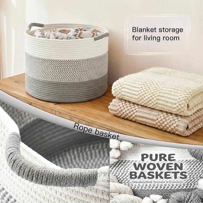 Artfeel 100L Large Cotton Rope Basket, Decorative Woven Blanket Storage for Living Room, Boho Toy Storage & Toy Box for Kids, Versatile Laundry Basket & Nursery Hamper for Blankets(Grey)