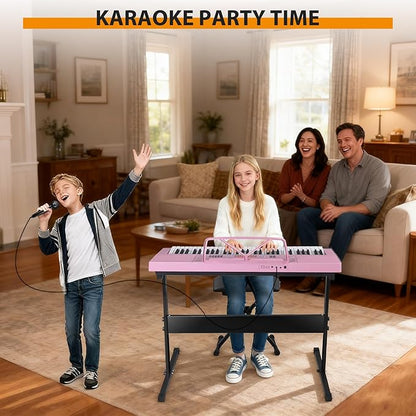 Smartxchoices 61-Key Electronic Keyboard Piano Stand Portable LED Display Keyboard Kit with Adjustable Stand, Adjustable Stool, Headphones, Microphone & Music Rest, Pink