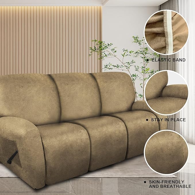 molasofa Recliner Sofa Covers - 8 Pieces Stretch Leather Like Large Couch Covers for 3 Seats Reclining Slipcovers Soft Jacquard Pattern Furniture Protector with Elastic Bottom (Mustard)