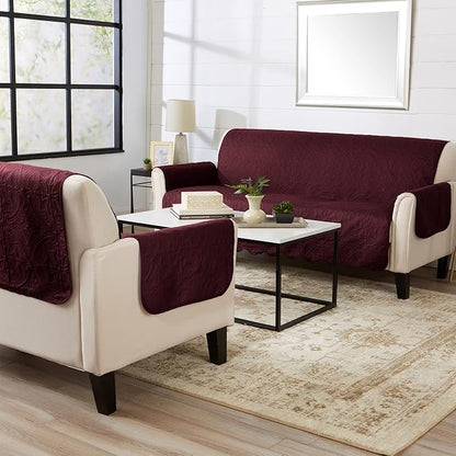 Medallion Stitched Solid Furniture Protector Stain Resistant Durable Furniture Protector Elenor Collection (Sofa, Wine/Light Grey)