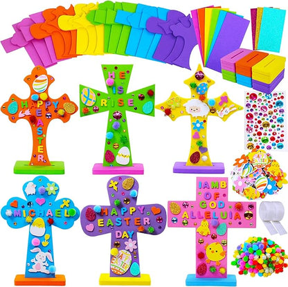 18 Sets Easter Cross Decorations DIY Craft Kits Assorted Foam Cutouts Egg Bunny Chick Stickers Pom-poms for Kids Classroom Sunday School VBS Activity Art Project