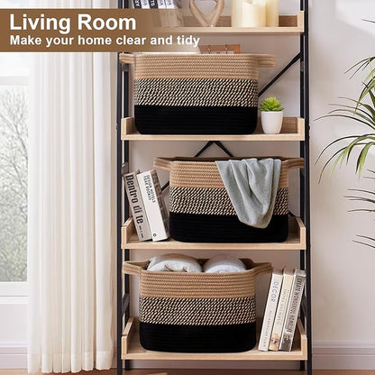 OIASKET Storage Basket for Organizing, Woven Baskets for Storage, Rectangle Decorative Baskets for Shleves, Closet, Toys, Books, Nursery Organizer Bins - Pack of 3 (Black & Brown, 15.75"x11.8"x9.85")