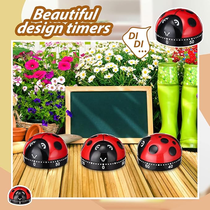 4 Pcs Ladybug Kitchen Timers for Cooking Cute Ladybug Cooking 60 Minute Mechanical Timer Red Black Kitchen Alarm Clock for Kids Reading Do Sports Baking Gifts, No Battery Required