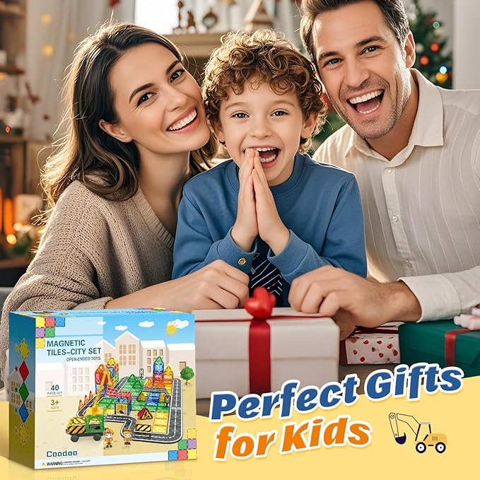 Kids Games Magnetic Tiles Road Set with Extendable Magnetic Crane, City Construction Building Toys for Toddlers STEM Preschool Toys Ages 4-6 5-7, Gifts for 3+ Year Old Boys Girls Kids Toys with Car