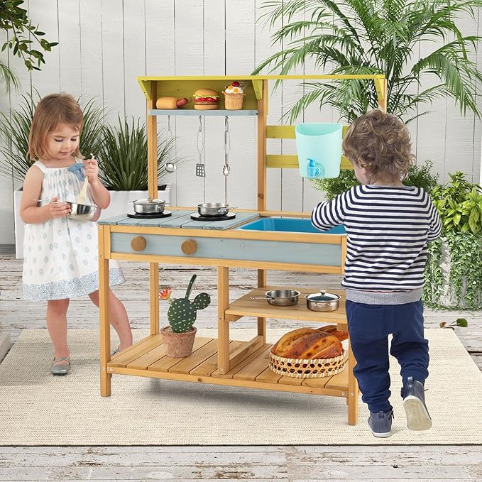 HONEY JOY Mud Kitchen, Fir Wood Outdoor Play Kitchen for Toddlers, Removable Sink, Real Water Tank with Faucet, Utensils, Pretend Play Mud Kitchen for Kids Outdoor, Gift for Boys Girls, Natural