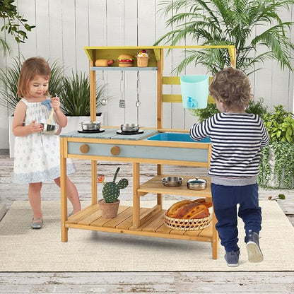 HONEY JOY Mud Kitchen, Fir Wood Outdoor Play Kitchen for Toddlers, Removable Sink, Real Water Tank with Faucet, Utensils, Pretend Play Mud Kitchen for Kids Outdoor, Gift for Boys Girls, Natural