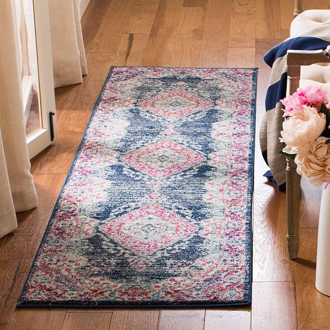 SAFAVIEH Evoke Collection 2'2" x 7' Navy / Fuchsia EVK250N Oriental Medallion Distressed Non-Shedding Living Room Entryway Foyer Hallway Bedroom Runner Rug