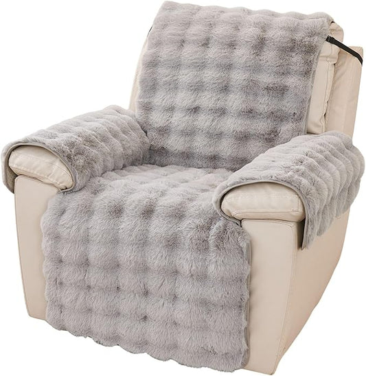 vctops Faux Fur Fluffy Recliner Chair Slipcover Faux Rabbit Fur Non Slip Sofa Cover Super Soft Plush Thick Couch Cover Furniture Protector with Elastic Straps for Kids, Dogs, Pets(Light Grey,24")
