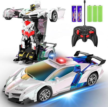 FDJ Transform Remote Control Car - Toys Car Robot with Shiny Sprayed Surface, One Button Deformation to Robot with Flashing Light, 2.4Ghz 1:18 Scale Transforming Police Car Kids Toys