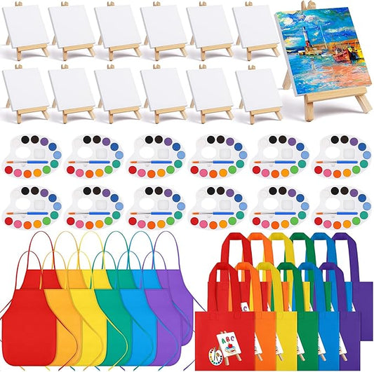 Aodaer 48 Pieces Mini Watercolor Paint Set Include 12 Colors 4 x 4 Inch Watercolor Paints, Wooden Canvas Easels, Canvas Tote Bags, Aprons, Back to School Art Beginner Supplies for Kids