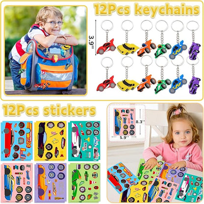 96Pcs Race Car Party Favors, Race Car Birthday Party Supplies Include Mini Race Cars Bubble Wands Straw Slap Bracelet DIY Stickers Tattoo Stickers Car Bags for Kids Race Car Themed Decorations