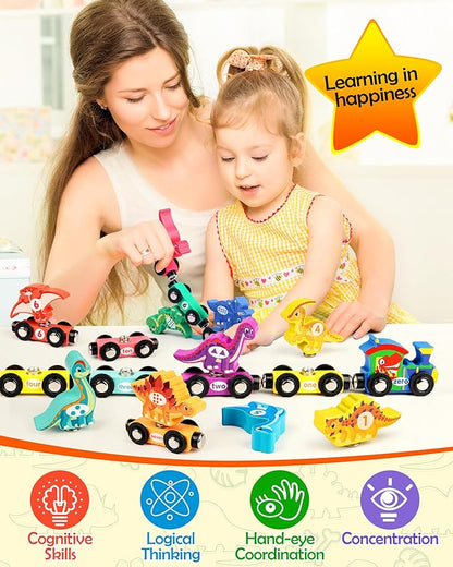 Wooden Dinosaur Train Set, Magnetic Dinosaur Toys and Number Train for Toddlers, Educational Montessori Toy for Counting and Motor Skills, for 3-5 Year Old Boys Girls