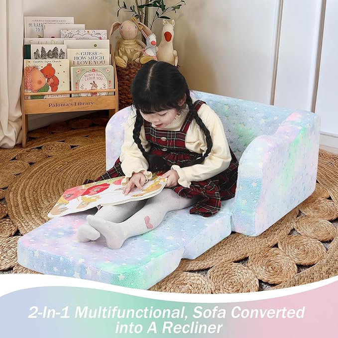 Folding Toddler Chair, Soft Plush Fold Out Kids Couch Sofa Glow in The Dark, Comfy Baby Recliner for Girls Boys (Colorful Star)